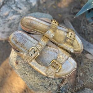 STUART WEITZMAN | Metallic Gold Double Buckle Slides 8